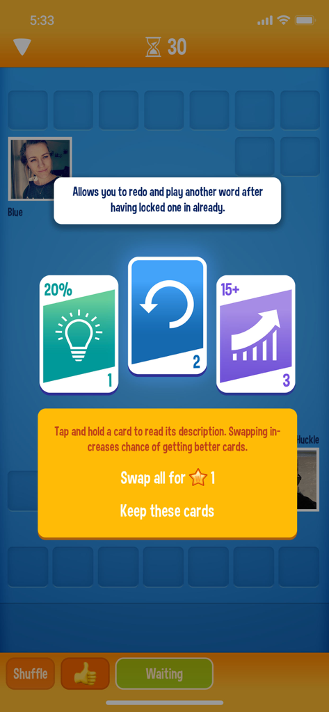 WordOn HDのゲームプレイ画面、戦略とヒントのための特別なアビリティカードを表示