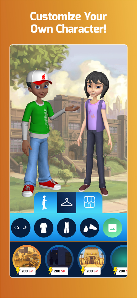 A screen from the Superbook Kids Bible app showing options to customize 3D characters with different clothes and backgrounds using SuperPoints