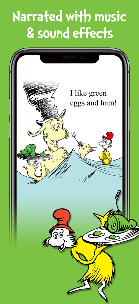 Dr Seuss Treasury School app showing Green Eggs and Ham book narration with music and sound effects