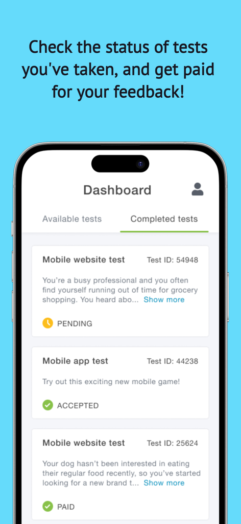 Trymata Testing - Trymata Testing app dashboard showing a list of completed website and app tests with pending and paid statuses