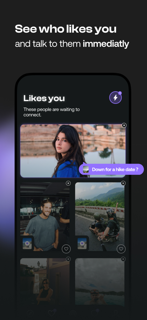 Interface de l'application de rencontres Feels montrant une liste d'utilisateurs qui ont aimé le profil avec une option pour commencer une conversation.