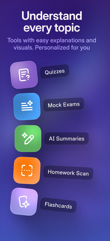 Knowunity: AI Study Tutor - Liste des outils d'étude dans l'application Knowunity, y compris les quiz, les résumés IA et le scan de devoirs