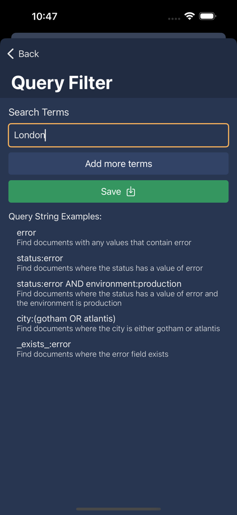 Search Opsモバイルアプリのクエリフィルタースクリーン。ロンドンの検索入力とElasticSearch構文の例を表示しています。