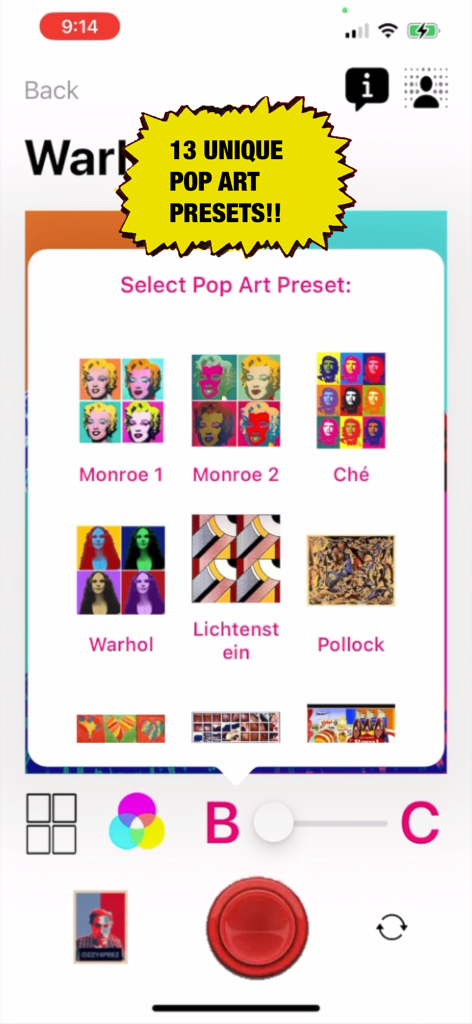 Pop Art Lite - Uma seleção de predefinições únicas de arte pop no aplicativo Pop Art Lite, incluindo estilos Monroe e Warhol