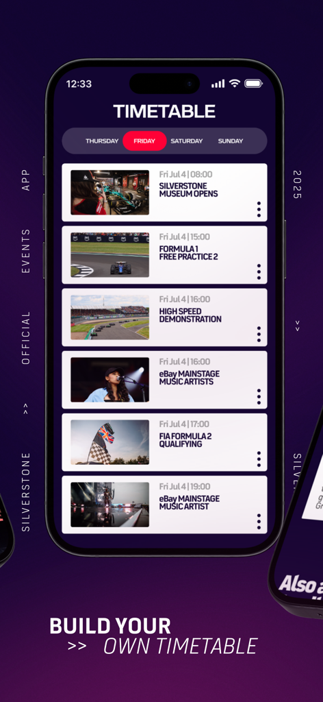 Silverstone Events - Captura de tela do aplicativo Silverstone Events mostrando a programação de eventos diários com sessões de corrida e apresentações musicais
