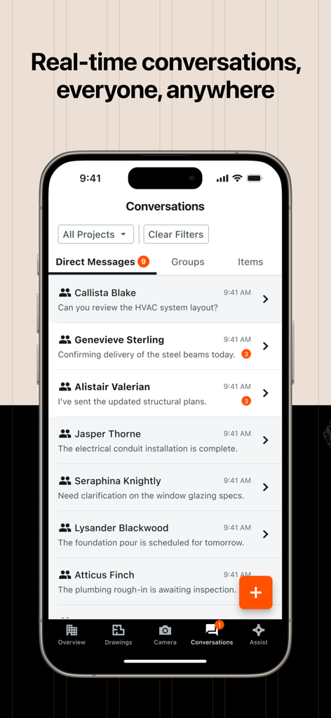 Procore - Procore mobile app screenshot showing the real-time conversations and direct messaging interface for construction projects.
