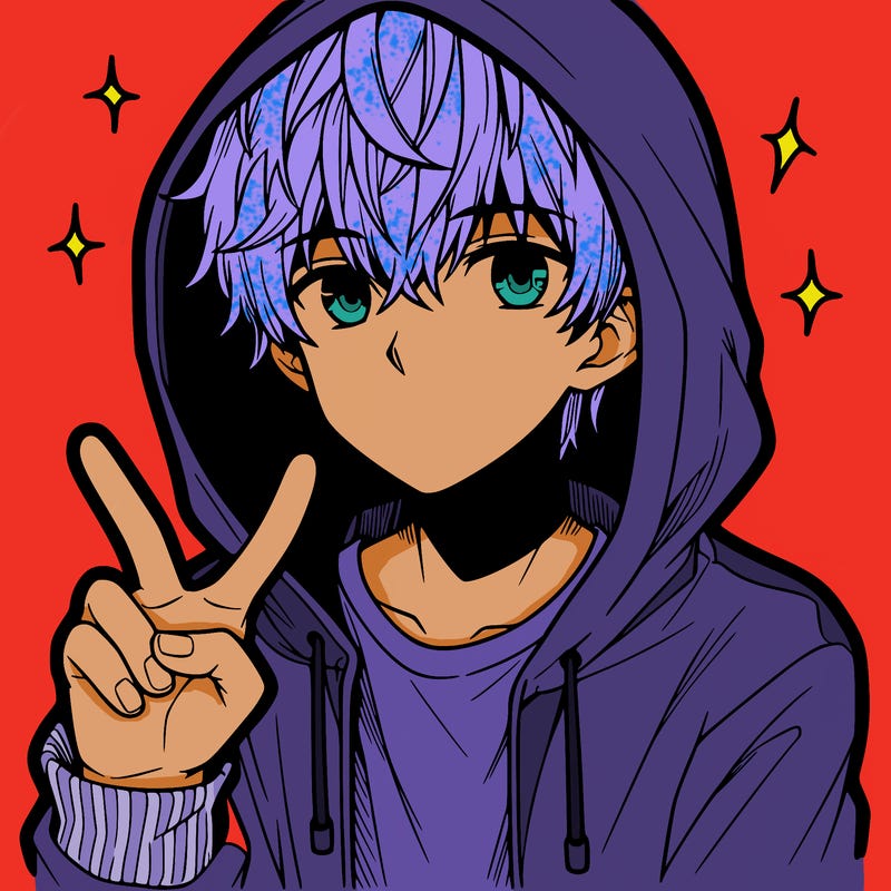 teenage manga boy in a hoodie, doing ✌