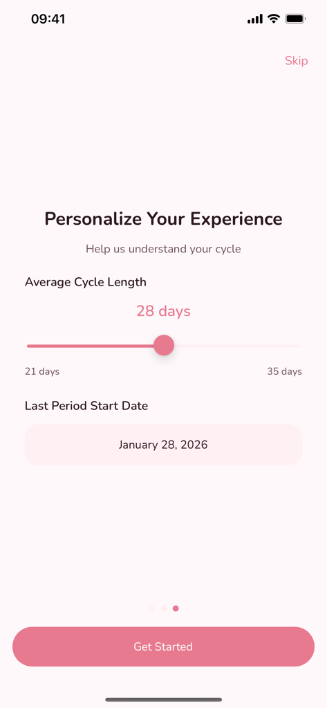 Period & Cycle Tracker - Perry - Onboarding screen to personalize cycle length and last period date in the Perry app