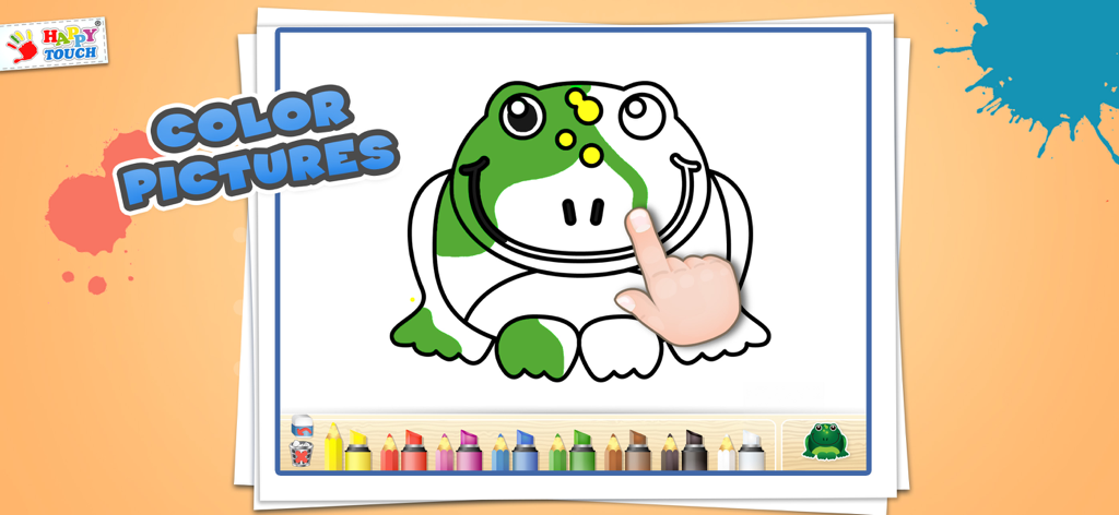 Benutzeroberfläche eines digitalen Malbuchs, die zeigt, wie ein Cartoon-Frosch grün ausgemalt wird