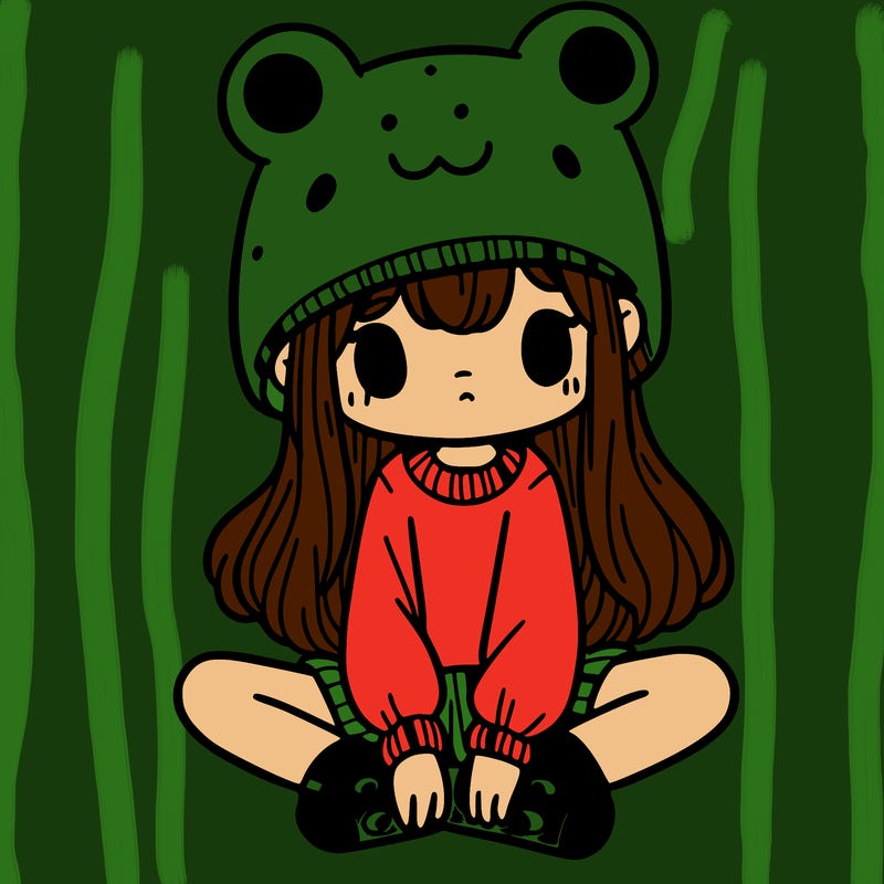 a girl wearing a frog hat and some frog socks