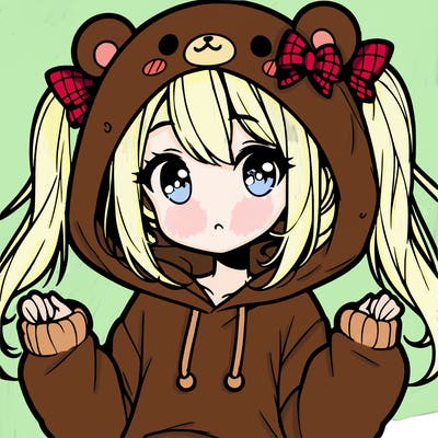 cute anime girl with ponytails and a cute bear hoodie