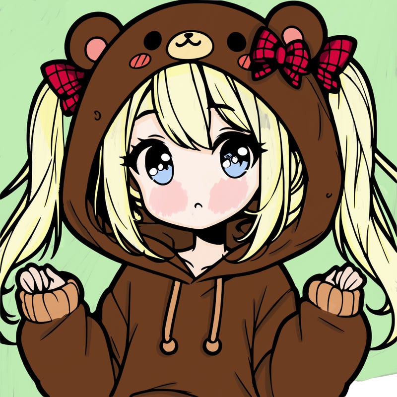 cute anime girl with ponytails and a cute bear hoodie