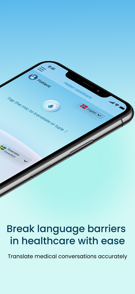 Smartphone affichant l'interface de l'application de traduction médicale Helen Assistant pour briser les barrières linguistiques dans les soins de santé