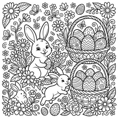 Hop into spring with this adorable Easter coloring page featuring happy bunnies amidst a blooming garden of orange daisies. Discover baskets full of intricately decorated eggs, ready for your creative touch.