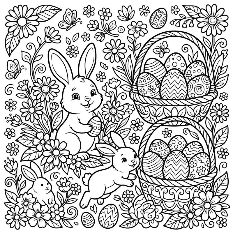 Hop into spring with this adorable Easter coloring page featuring happy bunnies amidst a blooming garden of orange daisies. Discover baskets full of intricately decorated eggs, ready for your creative touch.