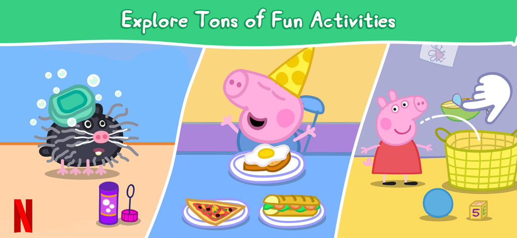 Una pantalla dividida que muestra diferentes minijuegos en la aplicación World of Peppa Pig, que incluyen lavar una mascota, comer y ordenar juguetes.