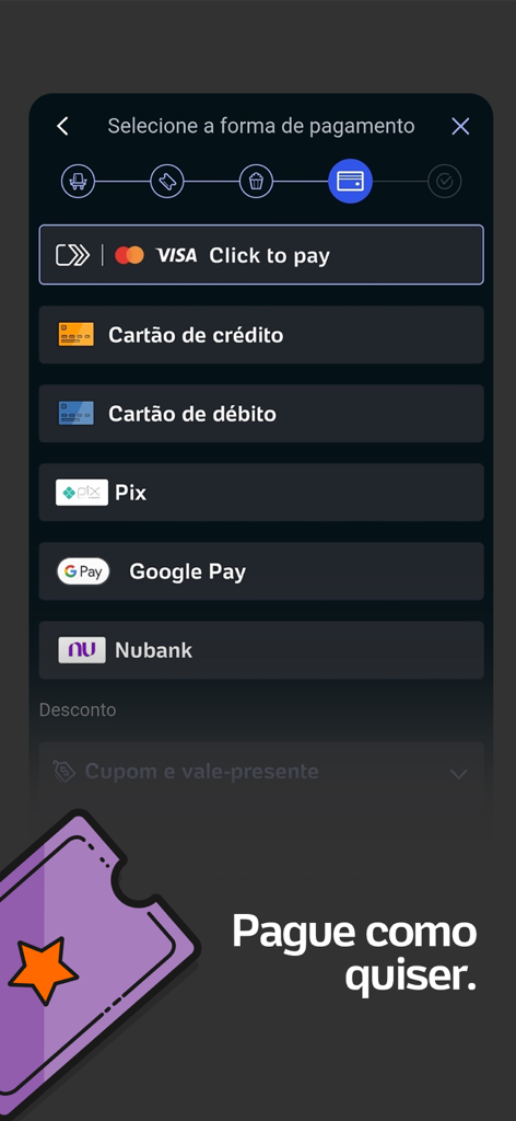 Interfaccia dell'app Ingresso.com che mostra vari metodi di pagamento per i biglietti del cinema come carta di credito, Pix e Google Pay.