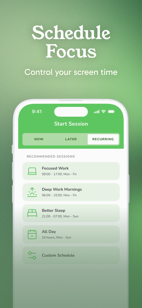 Screenshot of the Freedom app interface showing options to schedule focus sessions like Focused Work and Deep Work Mornings