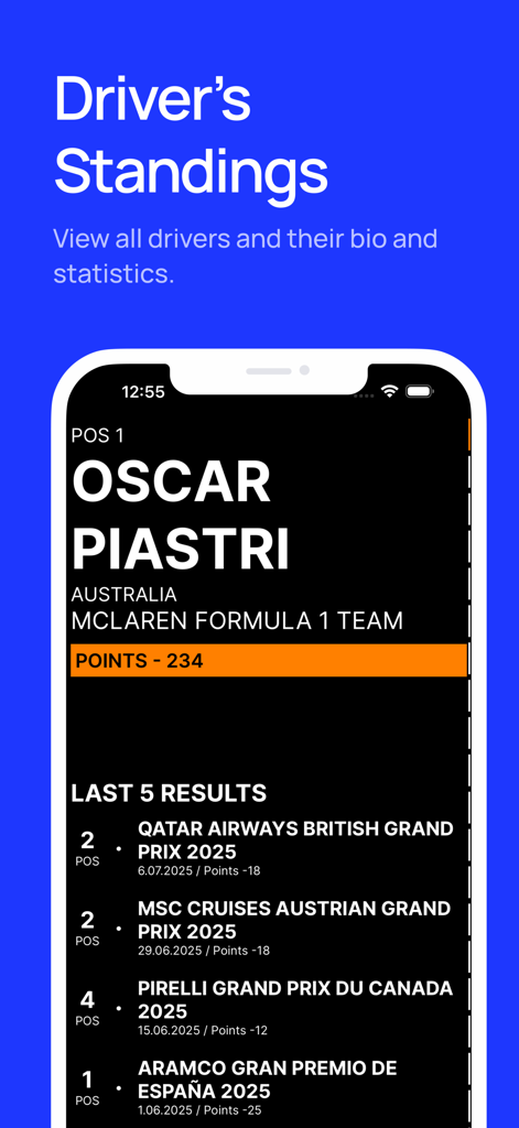 PlanB – F1 Companion 2026 - PlanB app screen displaying Formula 1 driver standings and profile for Oscar Piastri