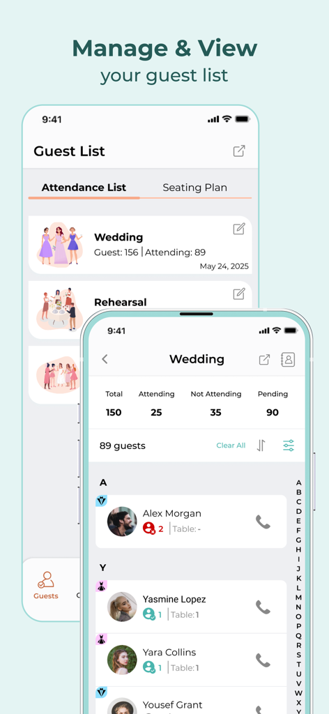 ウェディングゲストリストの管理と出席状況の追跡を示すインターフェイス画像
