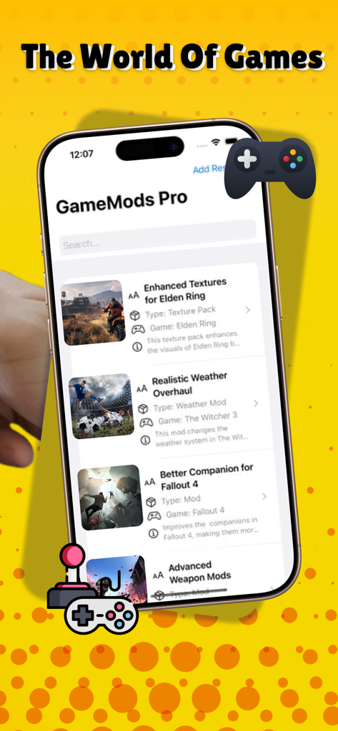 Interface of the GameMods Pro app showing a library of game mods and texture packs for popular titles.