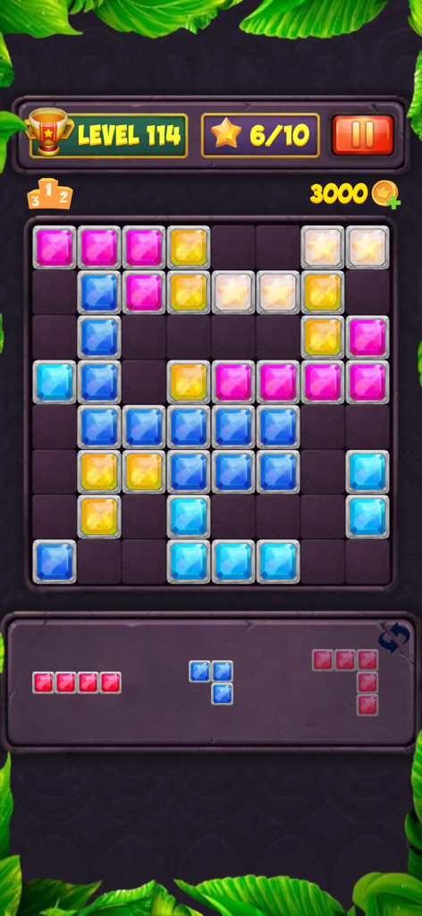 Block Blast Level - Block Blast Level Gameplay, das ein Raster mit farbigen Juwelenblöcken zeigt