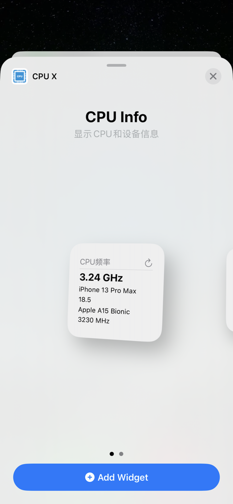 CPU X - CPU X app interface displaying a CPU information widget for iPhone 13 Pro Max showing A15 Bionic frequency