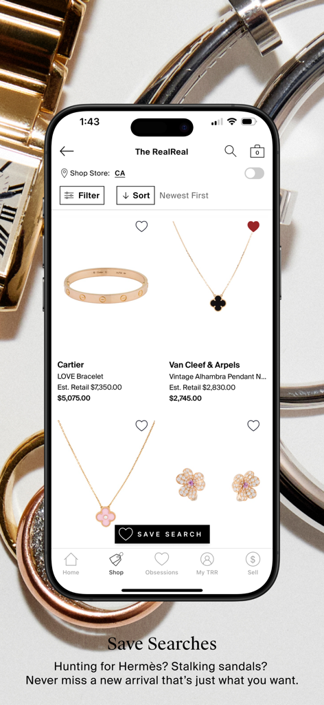 The RealReal app displaying authenticated luxury jewelry from Cartier and Van Cleef and Arpels.