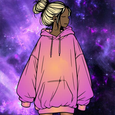 realistic girl with a oversized sweatshirt on and a bun