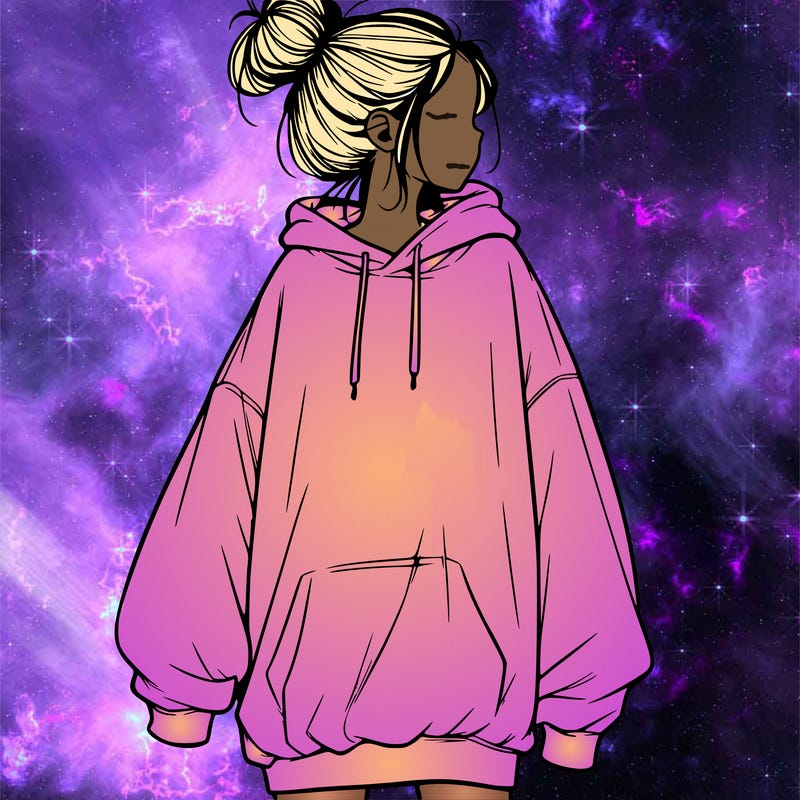 realistic girl with a oversized sweatshirt on and a bun