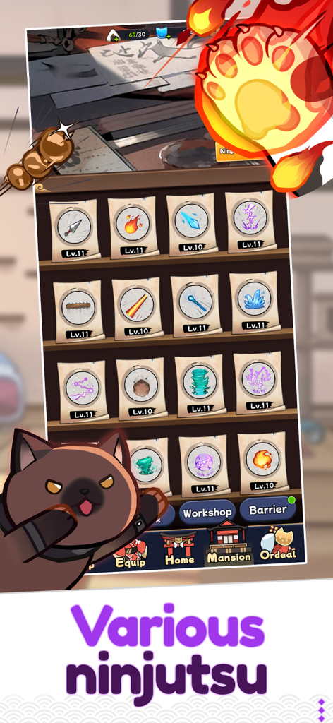 Game screen displaying various ninjutsu scrolls and a cat ninja character