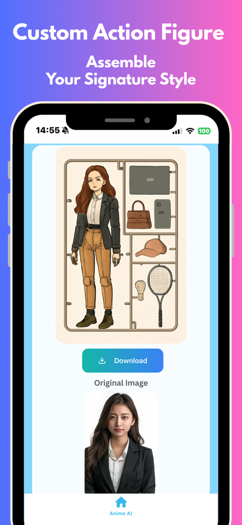 L'application Anime AI montrant un kit de modèle de figurine d'action personnalisé généré à partir d'un portrait d'utilisateur.