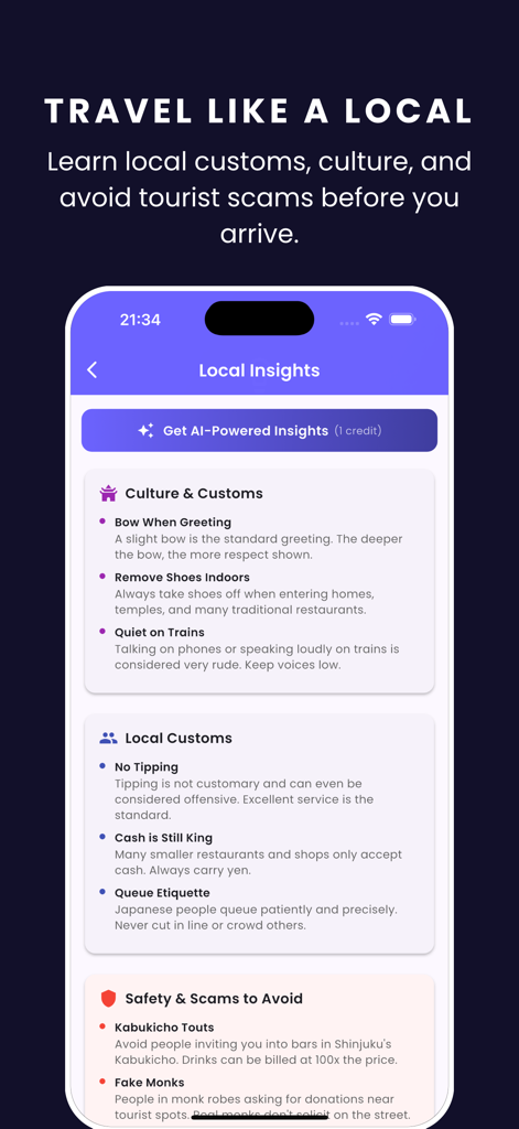 Interface do aplicativo Trip Planner AI mostrando uma tela de Insights Locais com dicas culturais, costumes e conselhos de segurança para viajantes.