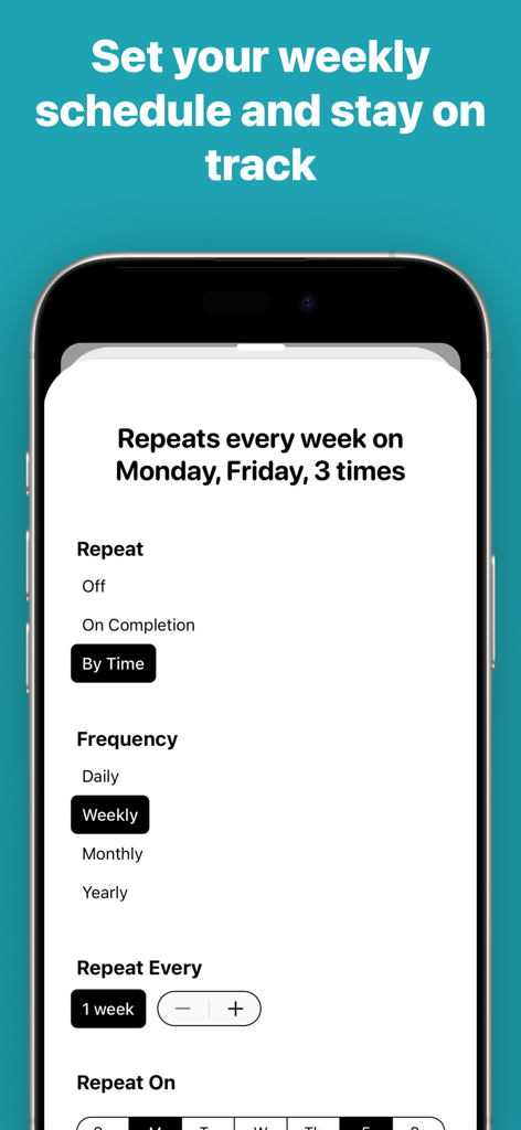Interface of the Actions app showing settings for recurring weekly tasks and schedule management.