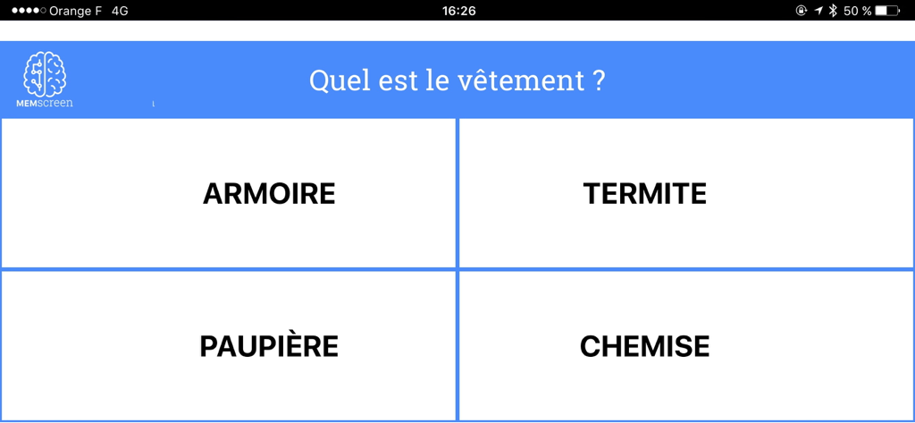 MemScreen app interface showing a multiple choice word recognition test