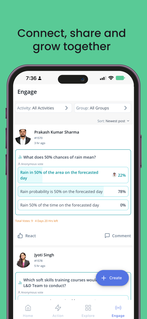 greytHR - the one-stop HR App - La schermata Engage dell'app mobile greytHR con un feed social interno dei dipendenti e sondaggi interattivi.