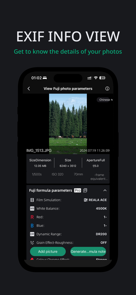 FujiStyle - Film Recipes Frame - FujiStyle mobile app interface showing detailed EXIF photo information and film simulation parameters