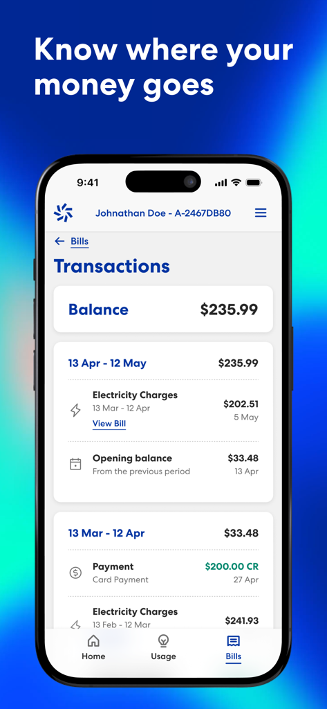 Mobile screen showing transaction history and account balance for Meridian Energy NZ