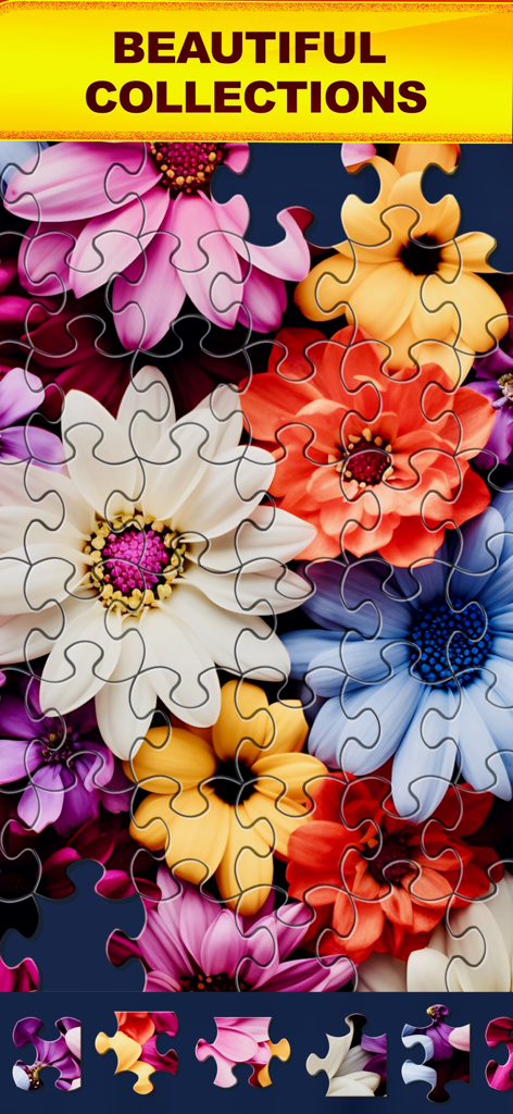 Colorful floral jigsaw puzzle game interface showing a collection of vibrant flowers