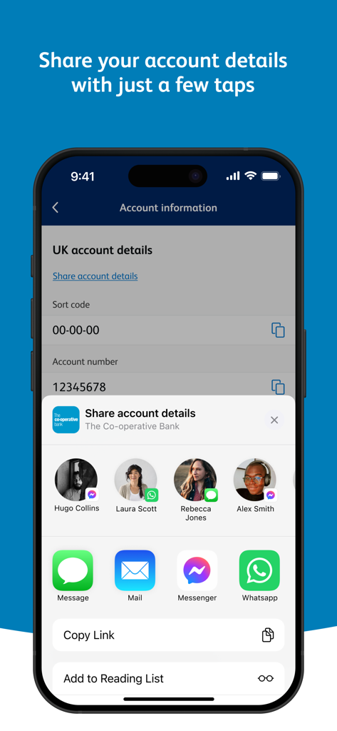 Tela de um smartphone mostrando a interface do aplicativo Co-operative Bank para compartilhar detalhes da conta do Reino Unido por meio de aplicativos de mensagens e e-mail.