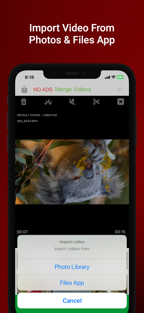 Cutter Merger, Cut, Crop Video - Cutter Mergerアプリの動画インポートメニューが表示されたiPhone画面。フォトライブラリとファイルアプリのオプションがあります。