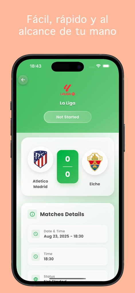 Futbol Locura - La aplicación Futbol Locura mostrando los detalles del partido de La Liga entre Atlético de Madrid y Elche
