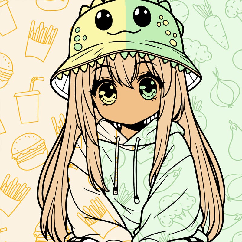 girl with anime shaped eyes with a dinosaur bucket hat oversized sweatshirt long straight hair