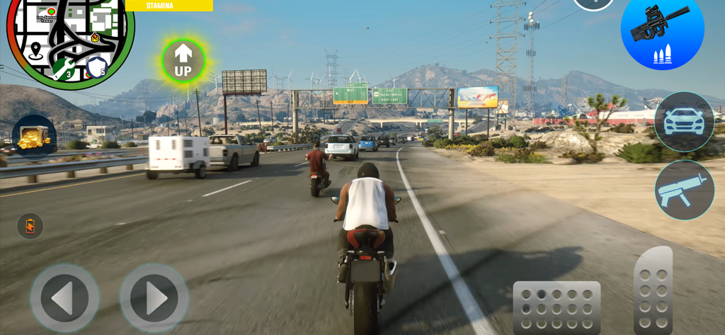 Gangster Games Crime Simulator - Third person view of a player riding a motorcycle on a city highway in the Gangster Games Crime Simulator app