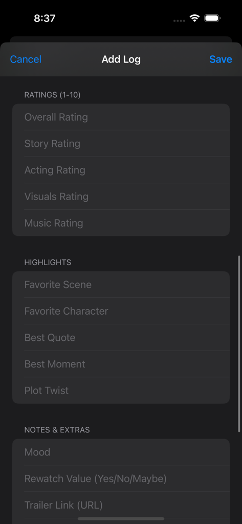 Movies Watch Logger - Interface of Movies Watch Logger app showing the Add Log form with sections for ratings highlights and movie notes