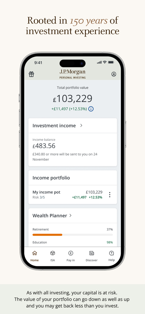 J.P. Morgan Personal Investing - ポートフォリオの概要と資産計画の進捗を表示するJPモルガン・パーソナル・インベスティング・アプリのインターフェース