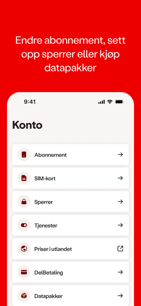 OneCall mobile app account settings screen with options for subscriptions and data packages