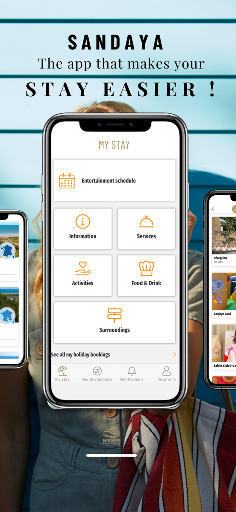 Main dashboard of the Sandaya app showing options for entertainment schedule, services, and activities for a luxury camping stay.