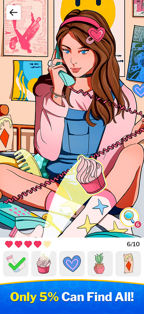 A gameplay screenshot of Hidden Object Games Find It showing a girl on a vintage phone with a highlighted cupcake to find