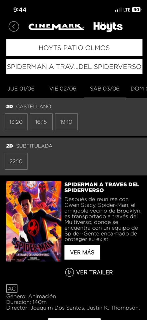 Cinemark Hoyts Argentina app interface showing movie showtimes and details for Spiderman Across the Spider Verse